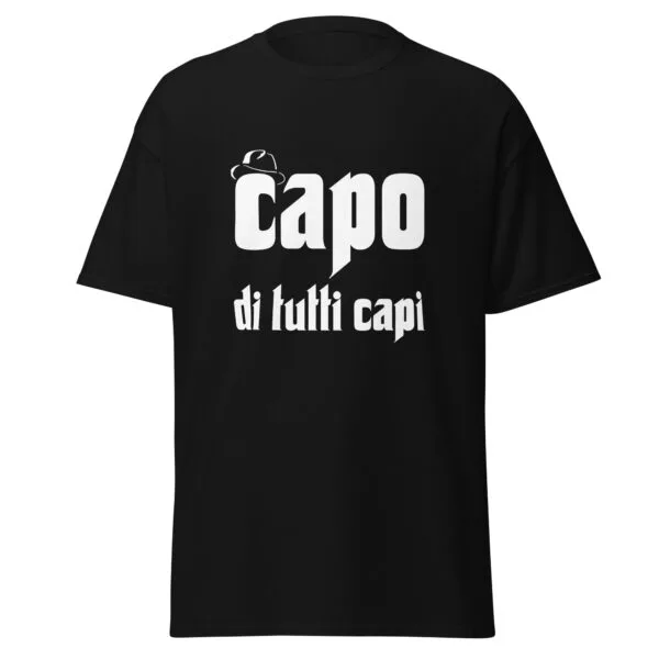 Capo Di Tutti Capi T-Shirt with vintage-style serif typography and subtle laurel wreath motif – a respectful homage to Italian-American storytelling